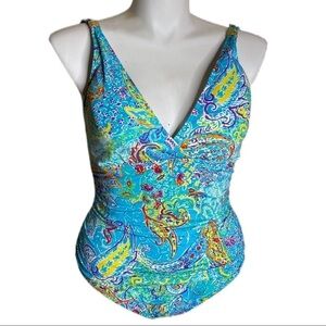 Lauren Ralph Lauren Multi Paisley Shirred Surplice Underwire Slimming Suit Sz 14